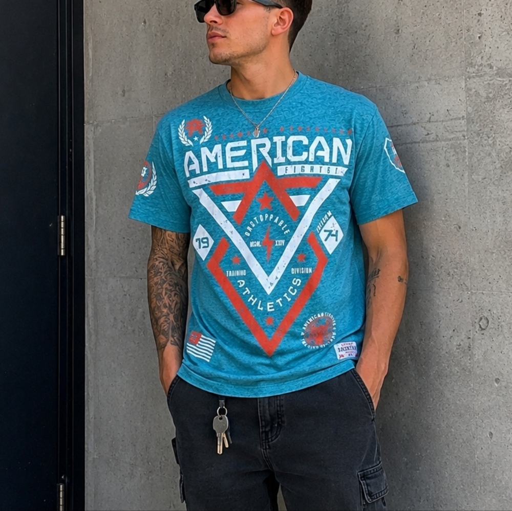 American Fighter Turquoise Graphic Tee Men’s Large Y2K  Streetwear T-shirt